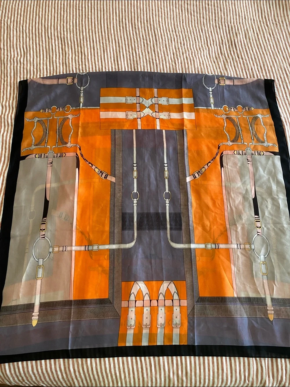 Vibrant Orange and Gray Decorative Bedding Scarf with Equestrian Print